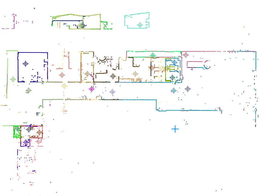 A large building's scans assembled into one plan in the iMapper platform, each scan drawn in its own colour with its scan position marked