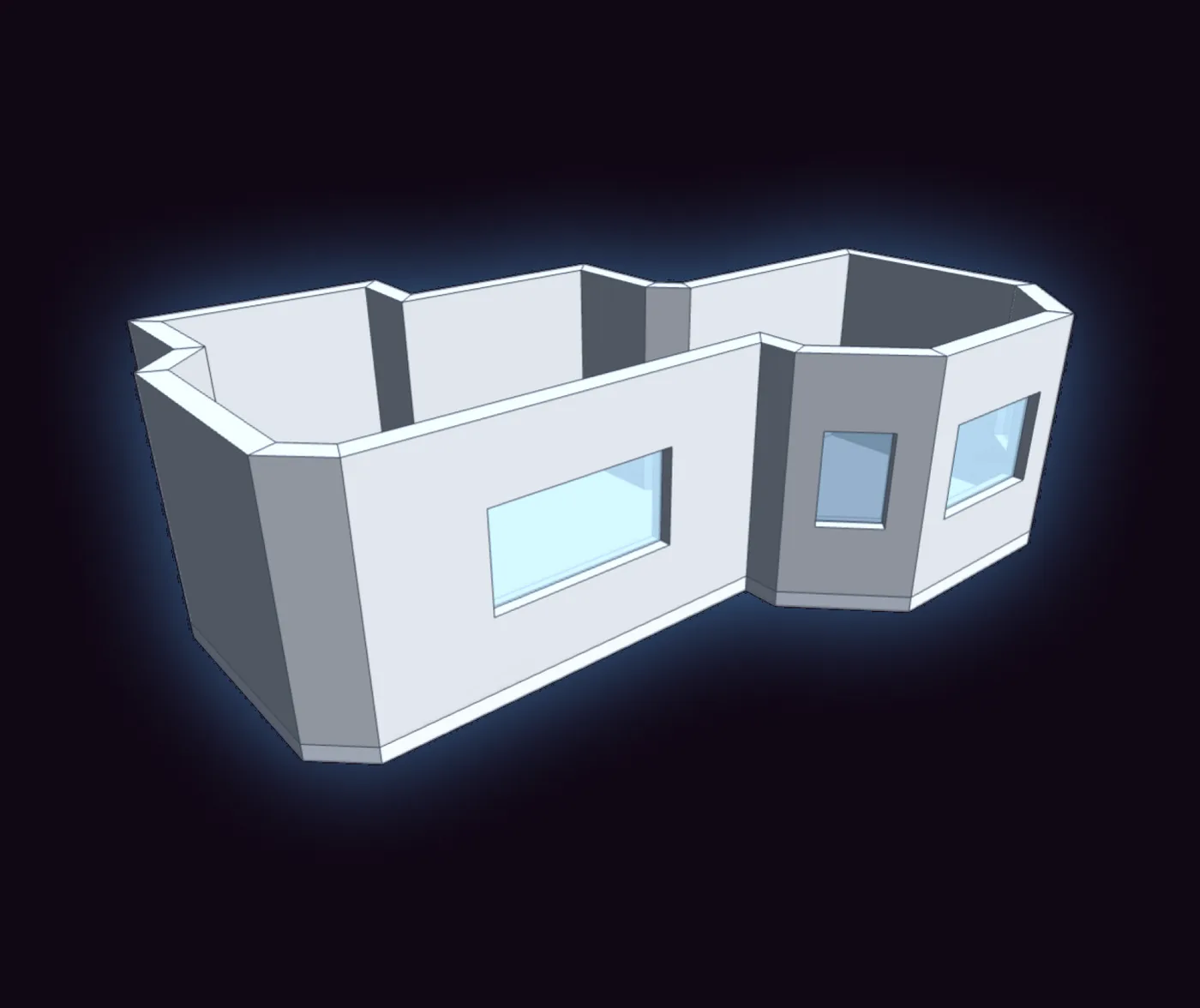 A room shell exported from iMapper and opened in SketchUp, with walls, openings and window reveals as solid geometry