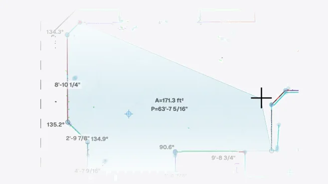 The iMapper platform measuring a scanned room in feet and inches: wall lengths, angles, area and perimeter read off the laser points