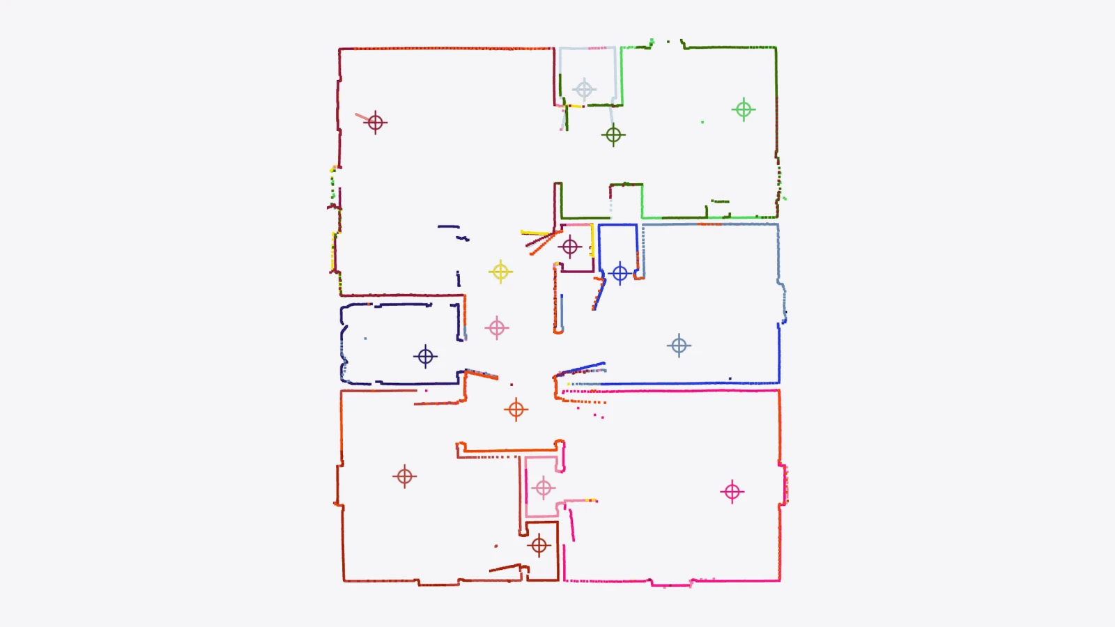 An iMapper project in the platform: a house's scans assembled into one floor plan, each scan drawn in its own colour with its scan position marked