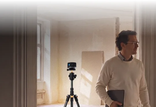 An iMapper on its tripod mid-scan in an empty room, with the surveyor stepping aside