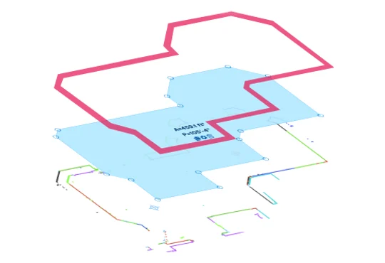An export pulled apart into layers: the raw laser points at the bottom, the traced areas above them, and the finished CAD outline on top
